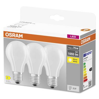 Tre OSRAM LED-glödlampor i en förpackning, E27-sockel, 7.5W motsvarar 75W, varmt vitt ljus, 1055 lumen, energiklass D.