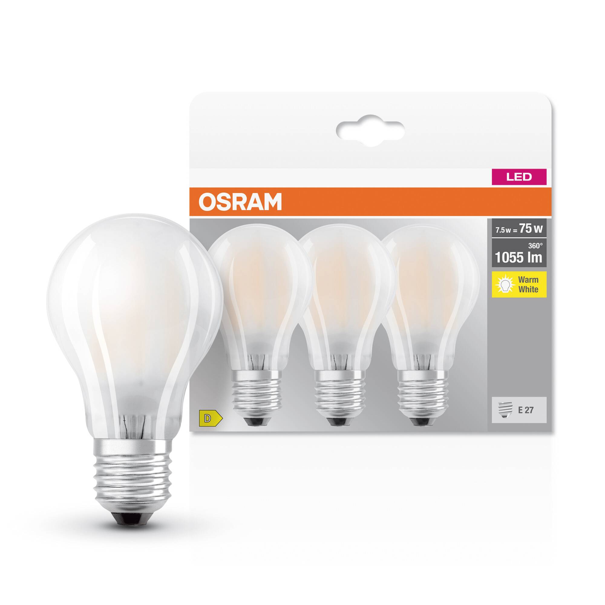 Förpackning med tre LED-glödlampor från Osram, 7,5W, ersätter 75W, 1055 lumen, varmvitt. E27-sockel. Produktavbildning med en glödlampa.