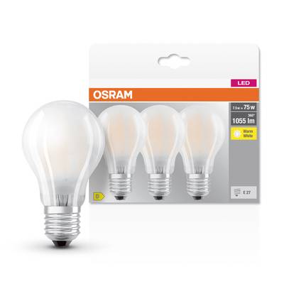 Förpackning med tre LED-glödlampor från Osram, 7,5W, ersätter 75W, 1055 lumen, varmvitt. E27-sockel. Produktavbildning med en glödlampa.