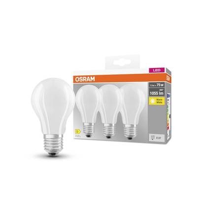 En förpackning OSRAM LED-glödlampor, 12W motsvarar 75W, 1055 lumen, varmvitt, energiklass D, E27-sockel, 3 stycken.