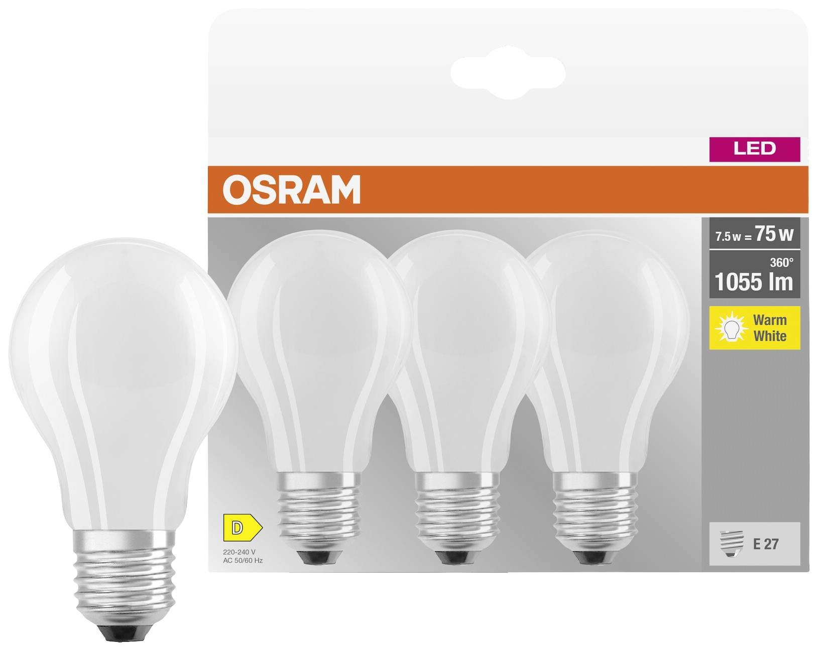 Osram LED-glödlampor förpackning för fyra lampor, varje 7,5W och 1055 lumen, varmt vitt ljus, passar E27-sockel. Energiklass D.