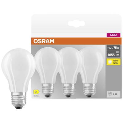 Osram LED-glödlampor förpackning för fyra lampor, varje 7,5W och 1055 lumen, varmt vitt ljus, passar E27-sockel. Energiklass D.