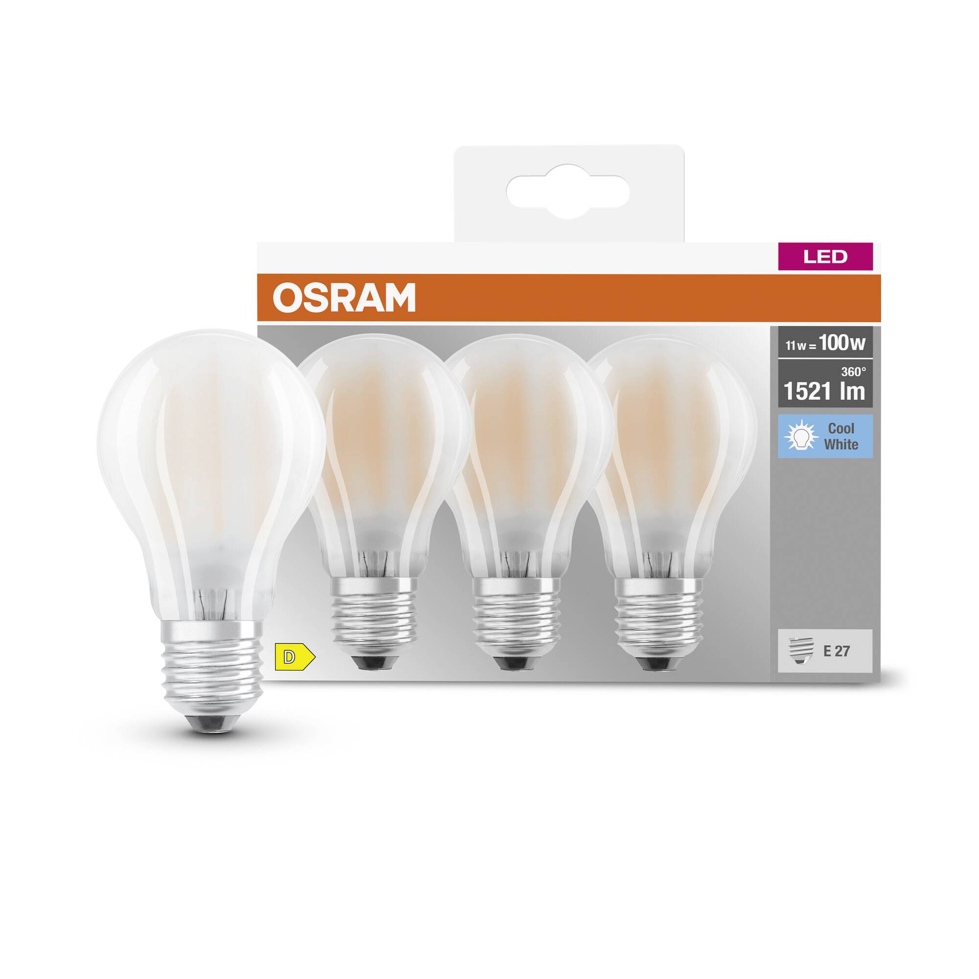Förpackning med fyra LED-glödlampor från Osram, 11W motsvarar 100W, 1521 lumen, E27-sockel, energibesparande, varmt vitt ljus.
