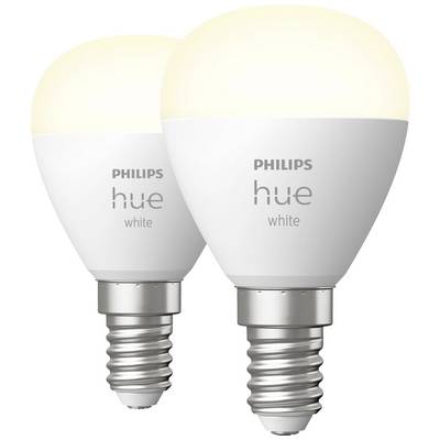 Två Philips Hue vita LED-glödlampor. E14-sockel, dimbar, varmt vitt ljus. Perfekt för smarta belysningslösningar.