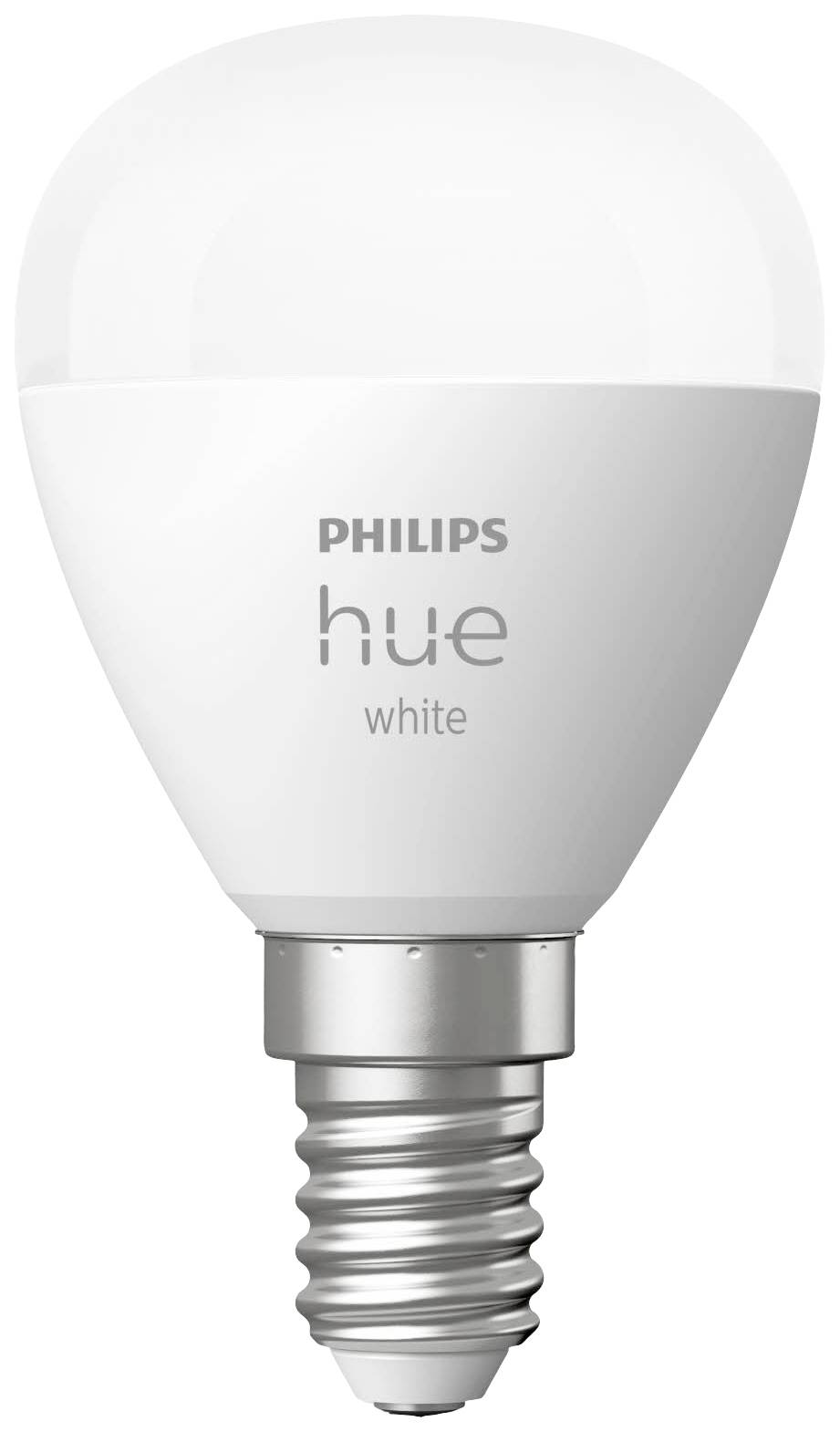 LED-glödlampa med metallfattning. Tryckt 'Philips Hue white'.