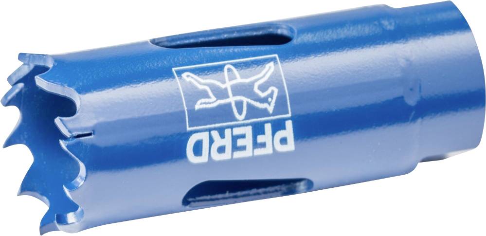 En blå hålsågadapter med tandade kanter och 'Pferd'-logotypen på. Lämplig för borradapter vid hantverksarbeten.