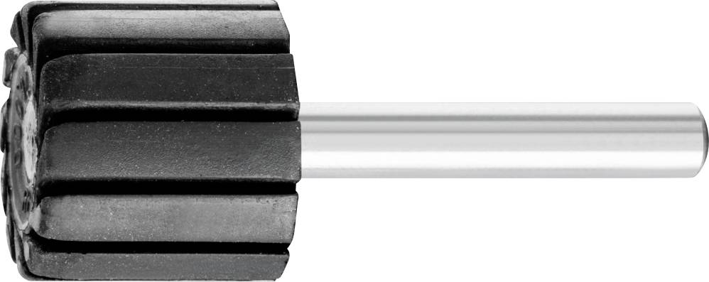 En svart gummipolerare med metallskaft, horisontellt placerad. Används för slät ytbehandling.