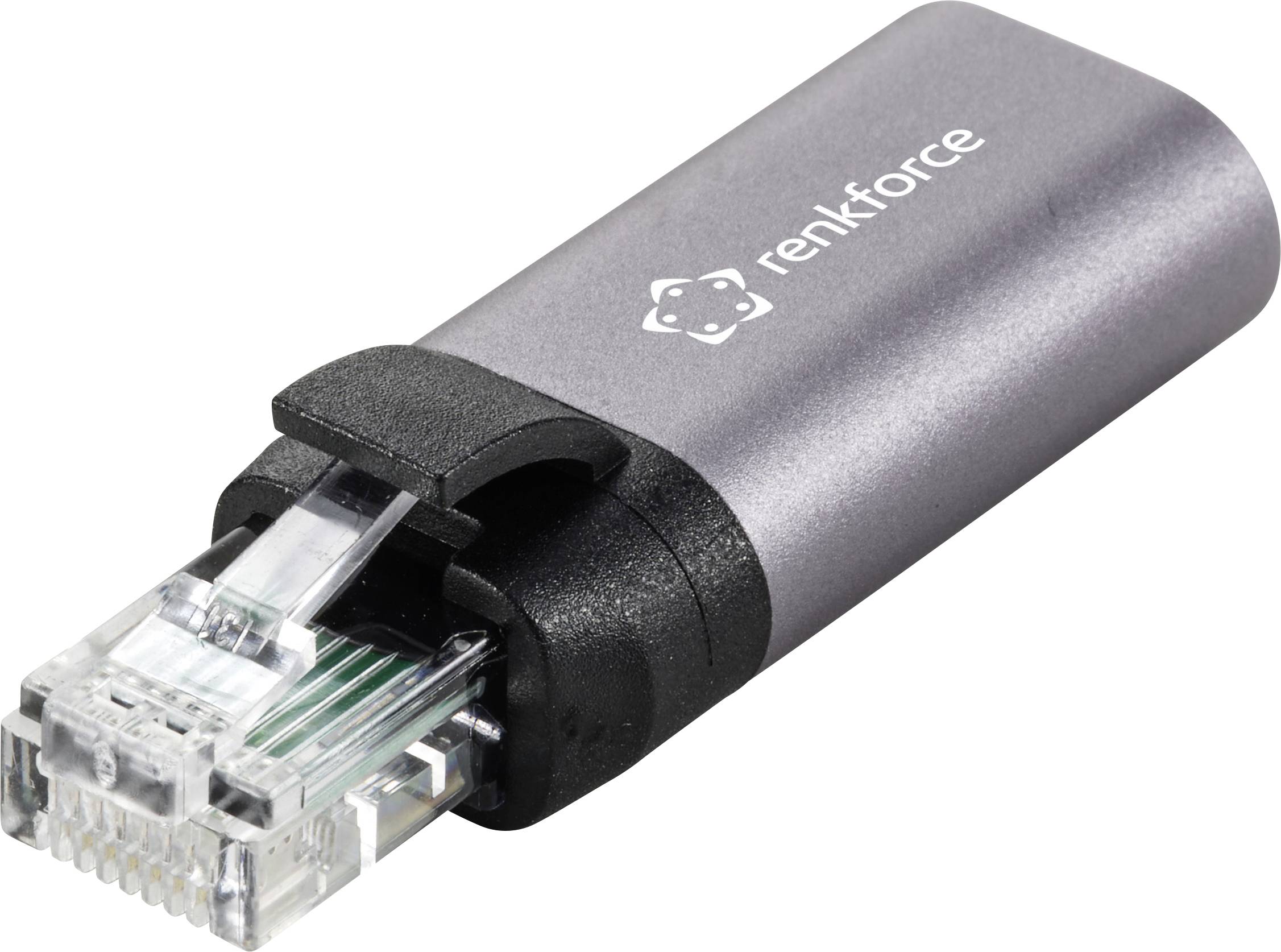 En silverfärgad nätverksadapter från märket Renkforce med en RJ45-kontakt på ena sidan, avsedd för anslutning till en nätverkskabel.