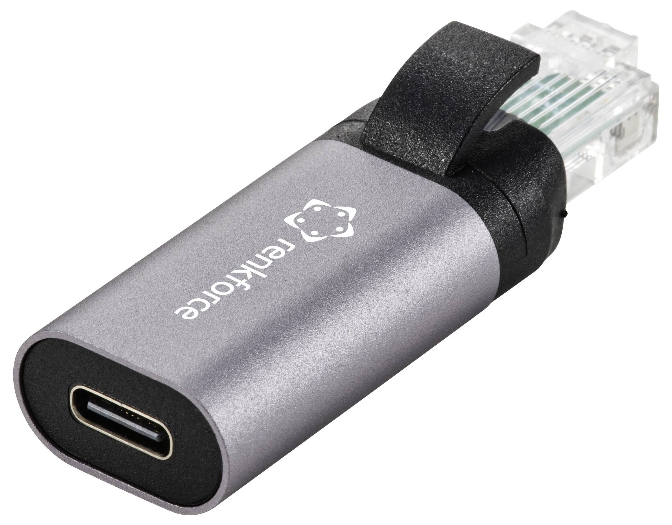 En kompakt adapter med en USB-C-kontakt och en Ethernet-kontakt som möjliggör trådbundna nätverksanslutningar för enheter med USB-C.
