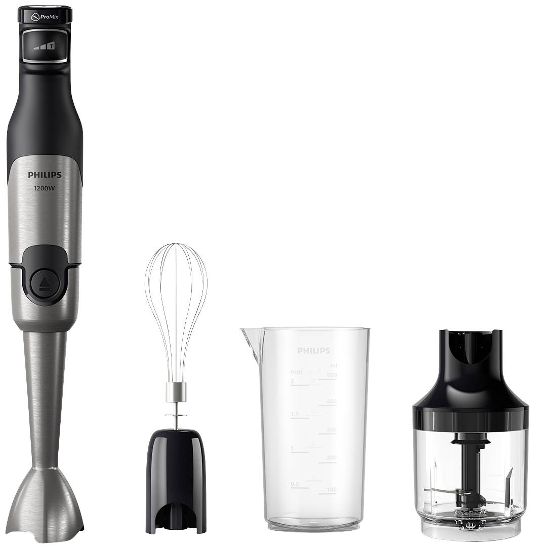 Stavmixer i rostfritt stålutförande med motor, visp, mixkanna och hackare. Perfekt för mixning, vispa och hacka.