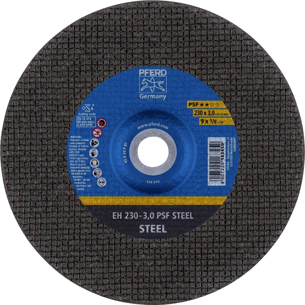 Slipskiva med blå etikett, märke 'Pferd', lämplig för stålbearbetning. Specifikationer: 230 x 3,0 mm, 80 m/s.