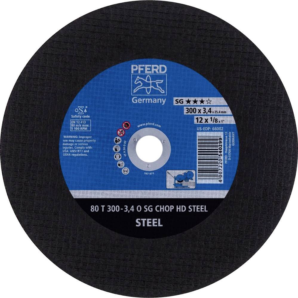 Svart-blå kapskiva med texten 'PFERD Germany', dimensioner 300x3,4 mm, för stålbearbetning, säkerhets- och produktinformation.