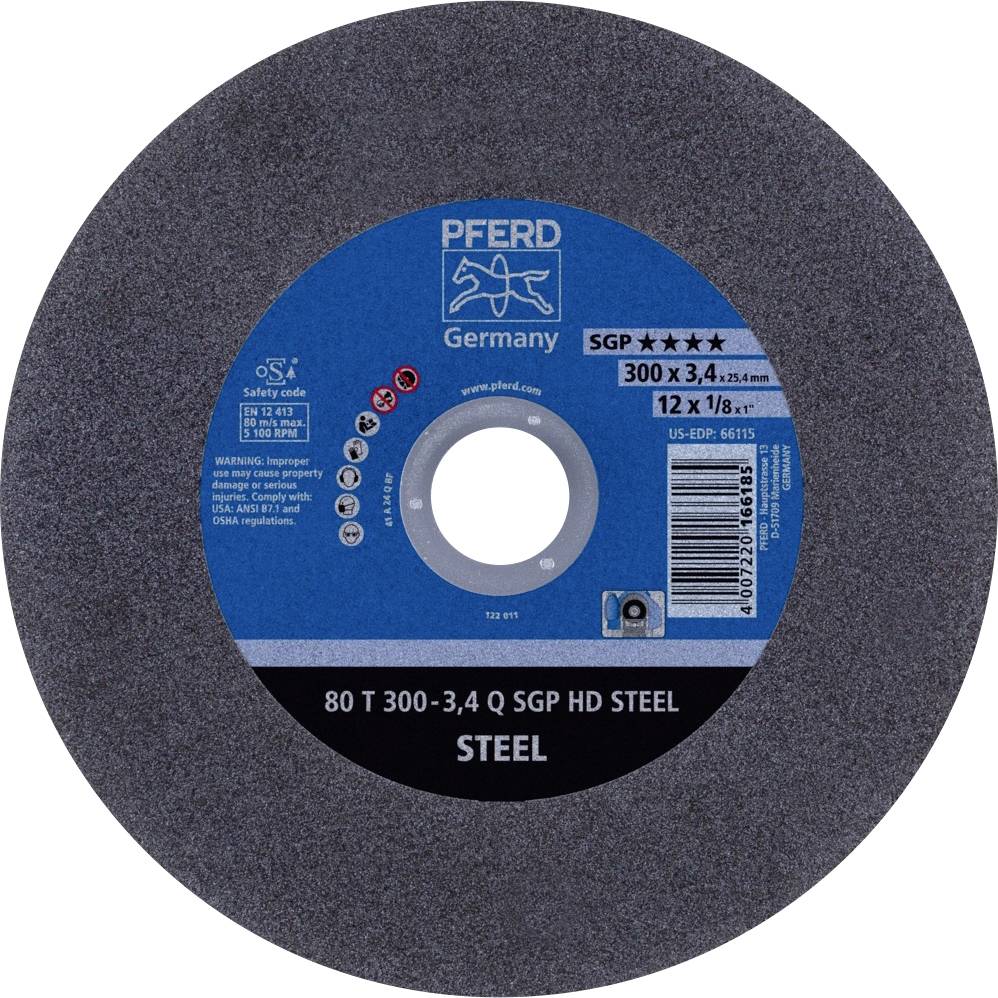 Slipskiva av märket Pferd från Tyskland, diameter 300 mm, bredd 3,4 mm, lämplig för stålbearbetning. Modell 'SGP HD STEEL'.