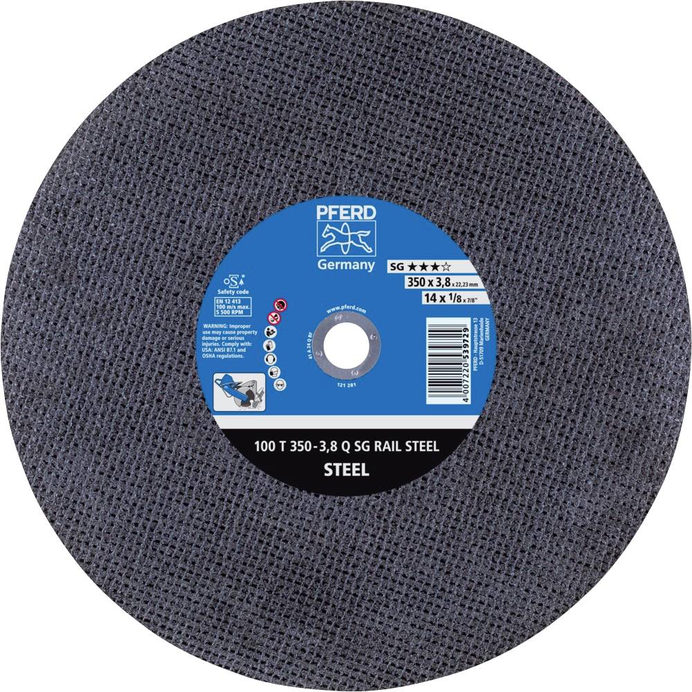Slipskiva med tryck 'PFERD Germany', diameter 350x3,8 mm. Lämplig för bearbetning av räls av stål.