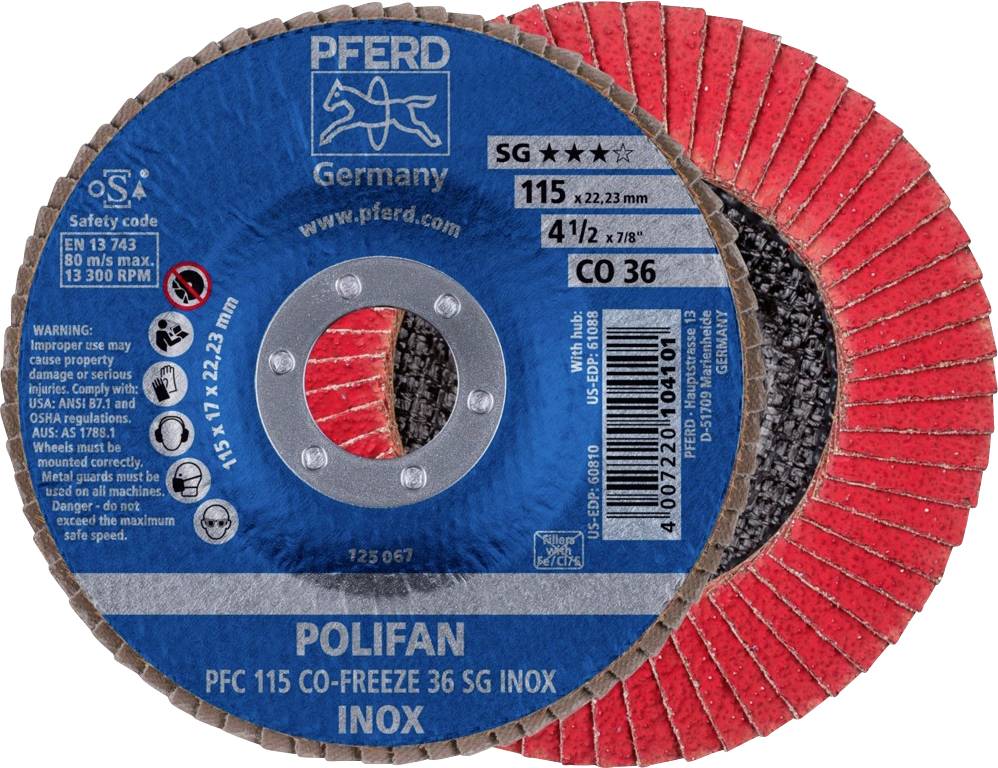 Slipskiva 'POLIFAN', röd och blå, för bearbetning av rostfritt stål. Diameter 115 mm, max. 13 300 varv/min, från märket PFERD.