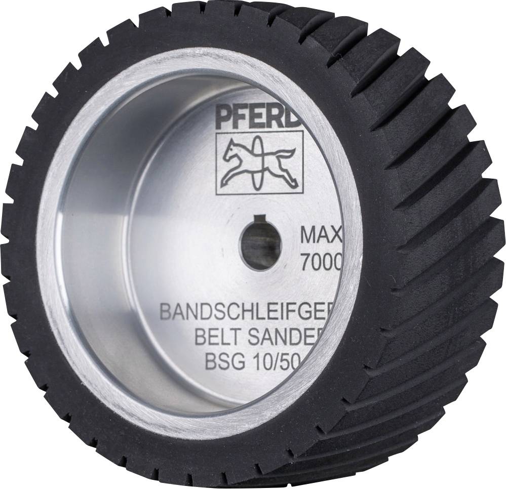 Gummierat slipbandshjul med silverbelagd insida, centralt placerad logotyp och text 'Slipband Belt Sander BSG 10/50'.