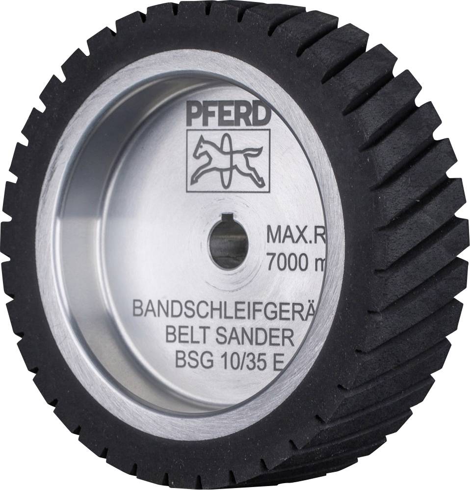 Slipskiva från märket PFERD, max varvtal 7000 varv/min, modell BSG 10/35 E. Svart gummi med silvercentrum.