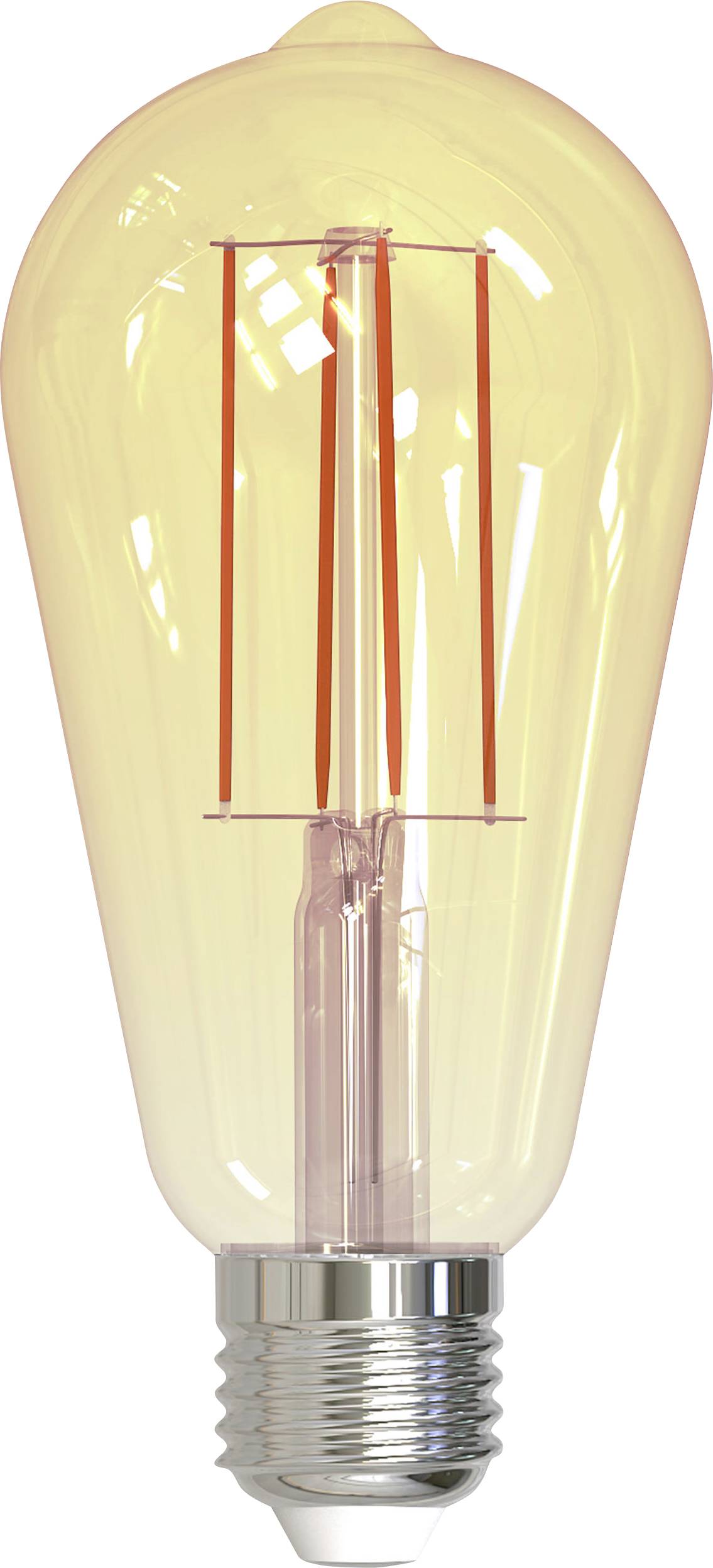 En retro Edison-glödlampa med synlig glödtråd som utstrålar varmt ljus, placerad framför en vit bakgrund.