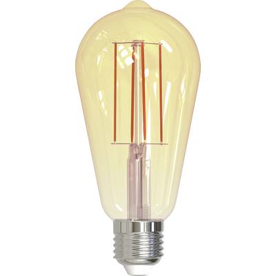 En retro Edison-glödlampa med synlig glödtråd som utstrålar varmt ljus, placerad framför en vit bakgrund.