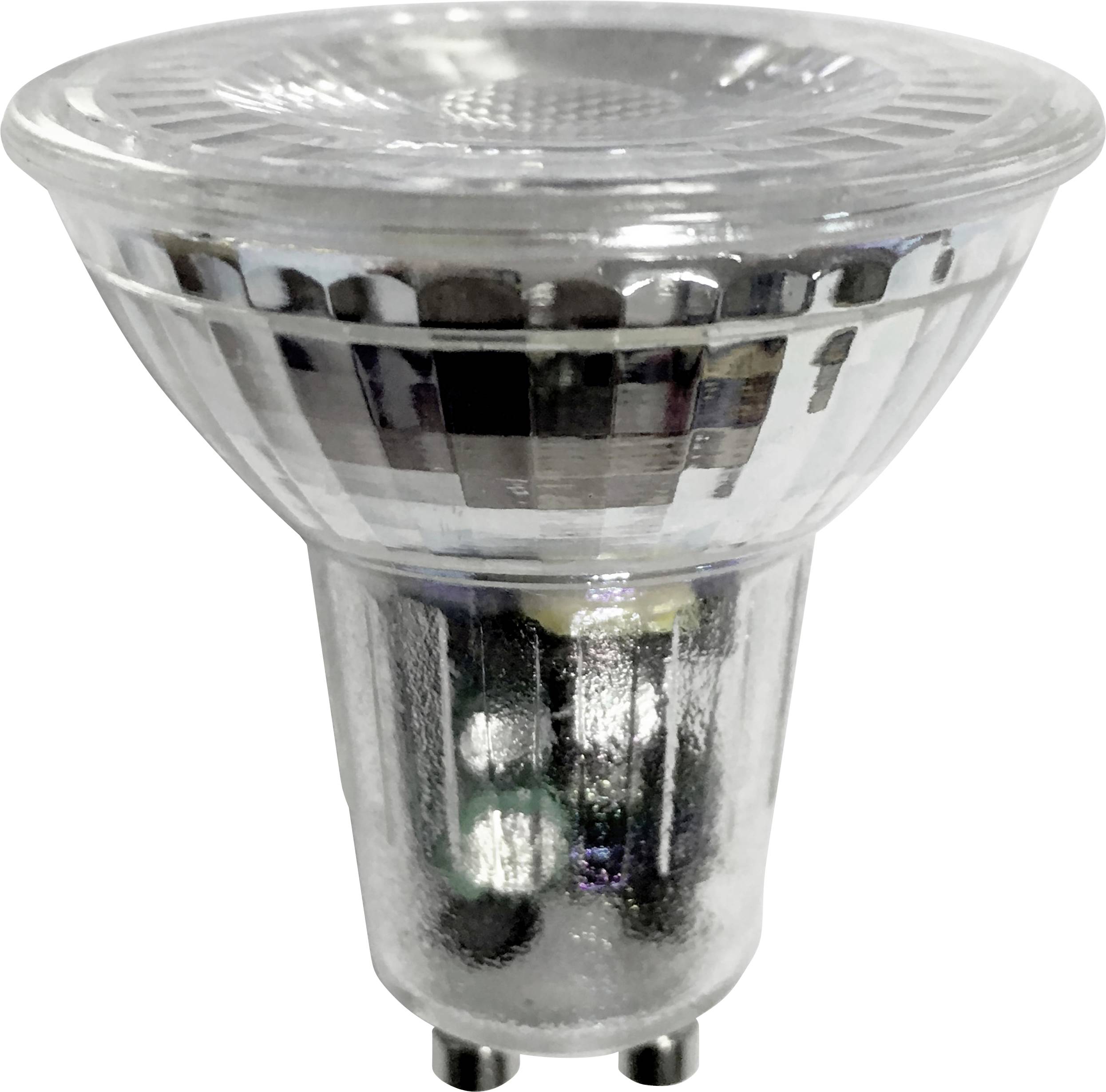 Liten, klar LED-glödlampa med GU10-sockel. Lämplig för spotbelysning och effektiva, energibesparande ljuslösningar.