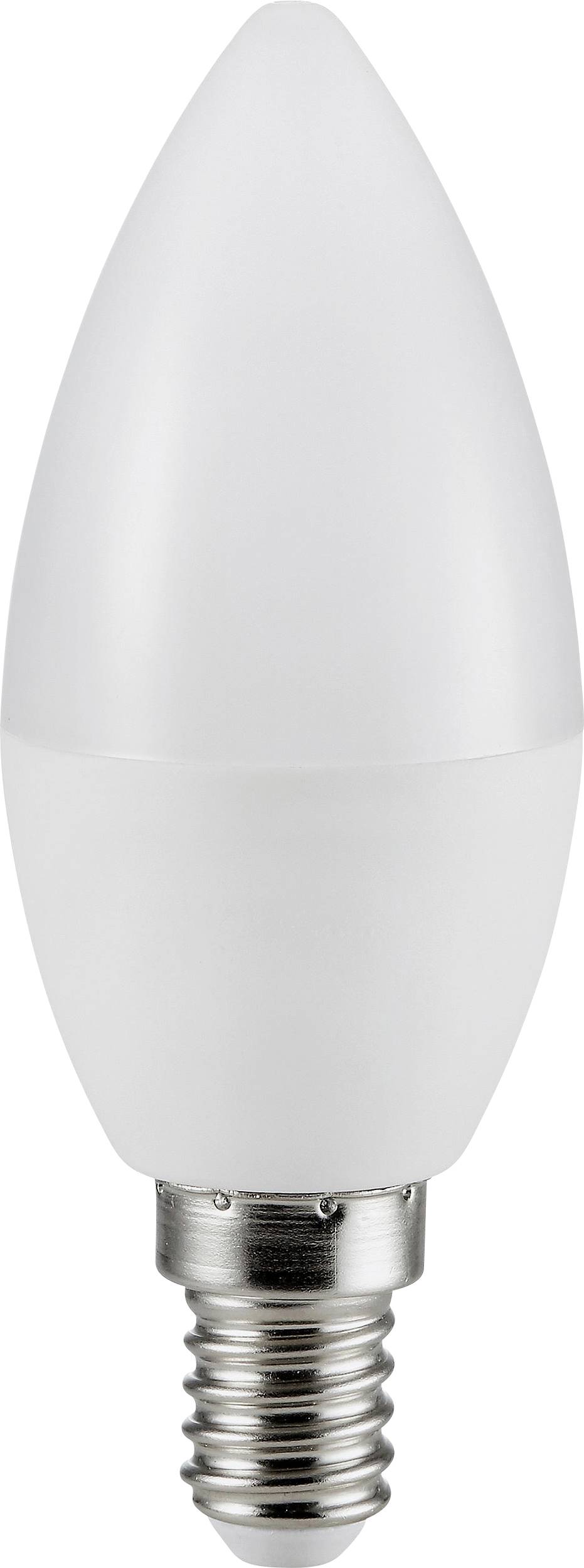 En vit, energisnål LED-glödlampa med E14-sockel i ljusstaksform. Perfekt för dekorativ belysning i kristallkronor.