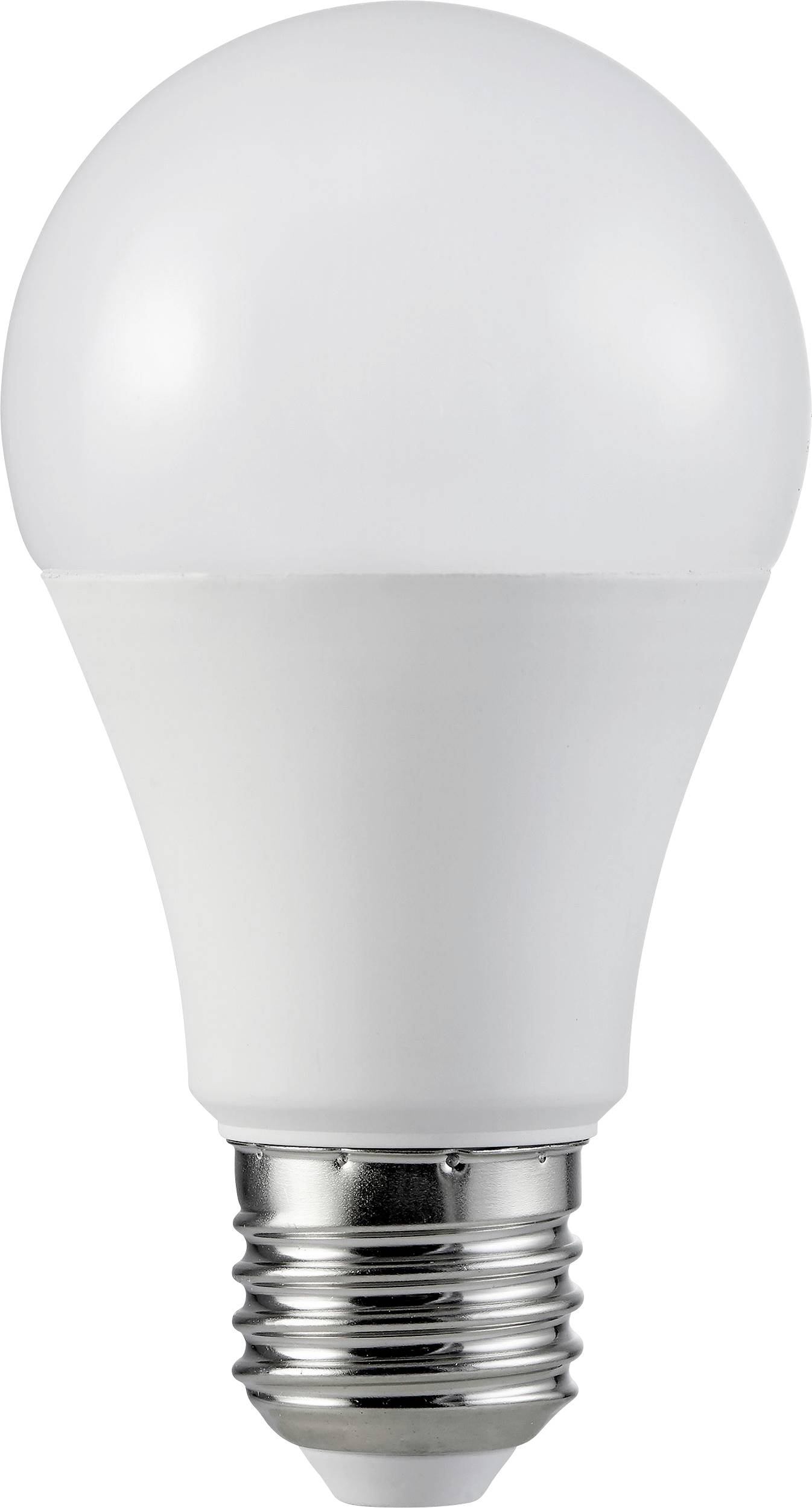 En vit LED-glödlampa med E27-sockel uppvisar klassisk design. Energibesparande och typisk för hushållsbelysning.