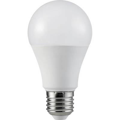 En vit LED-glödlampa med E27-sockel uppvisar klassisk design. Energibesparande och typisk för hushållsbelysning.