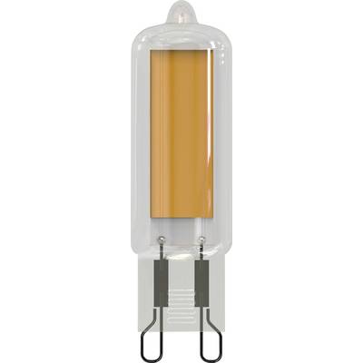 En G9-halogenlampa med klar glasavtäckning och två metallkontakter i änden. Den används för riktad, intensiv belysning.