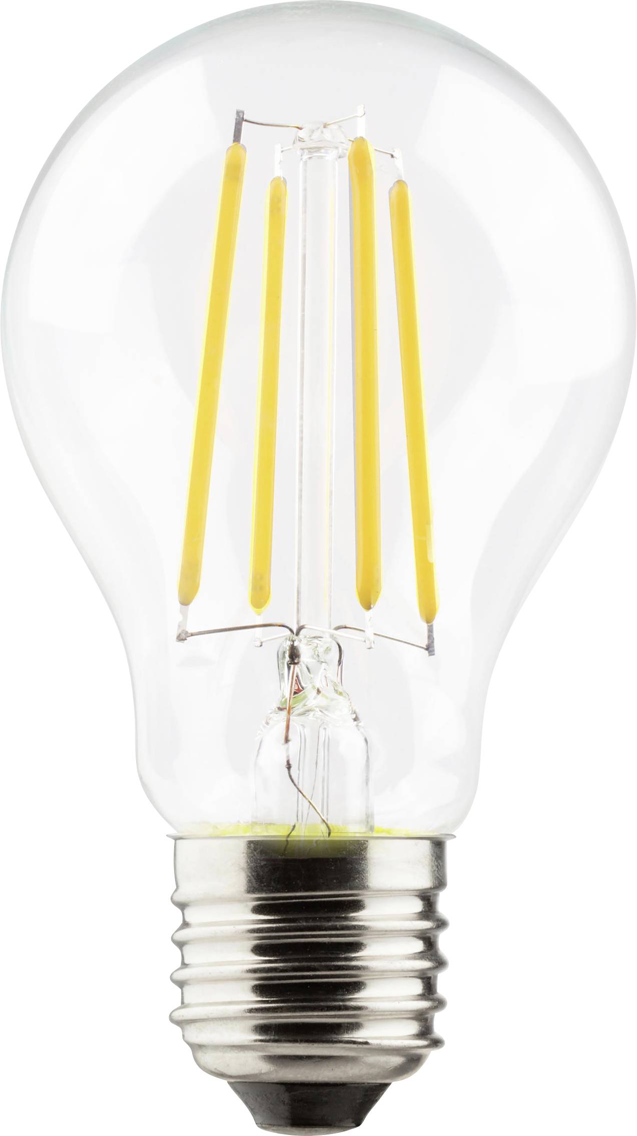 Elektrisk glödlampa med synliga LED-filament och skruvfattning, vertikalt placerad.