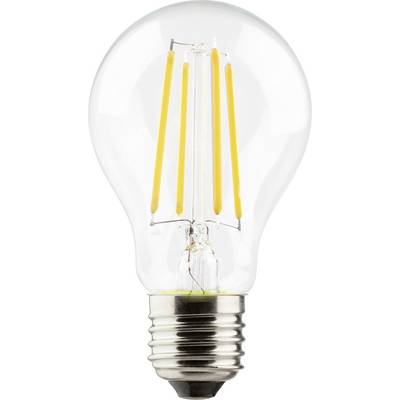 Elektrisk glödlampa med synliga LED-filament och skruvfattning, vertikalt placerad.