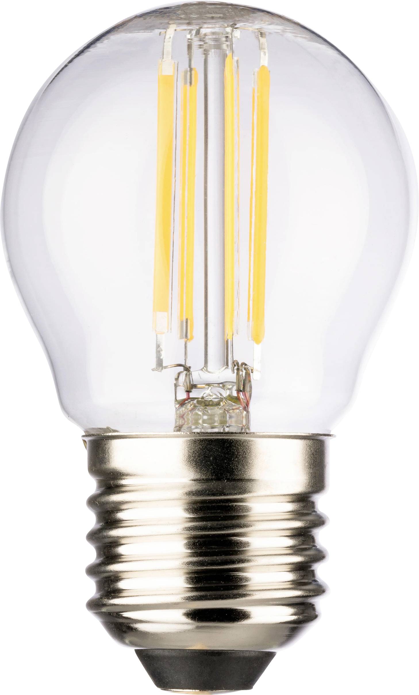 En enstaka LED-glödlampa med klart glas och synliga filament, nedtill utrustad med en silvermetallic skruvbas.