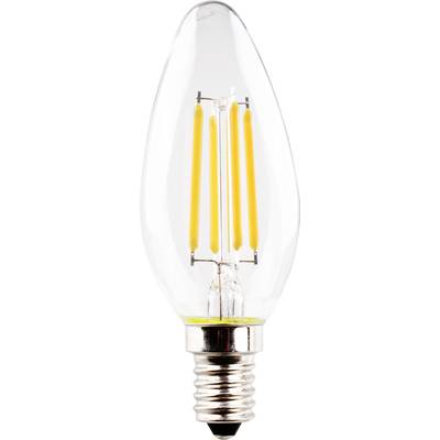 En glödlampa med filamentteknologi, formad som ett ljus, med E14-sockel, på vit bakgrund.