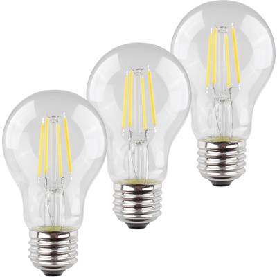 Tre identiska LED-glödlampor med E27-sockel, transparent glas och långa gula filament står bredvid varandra.