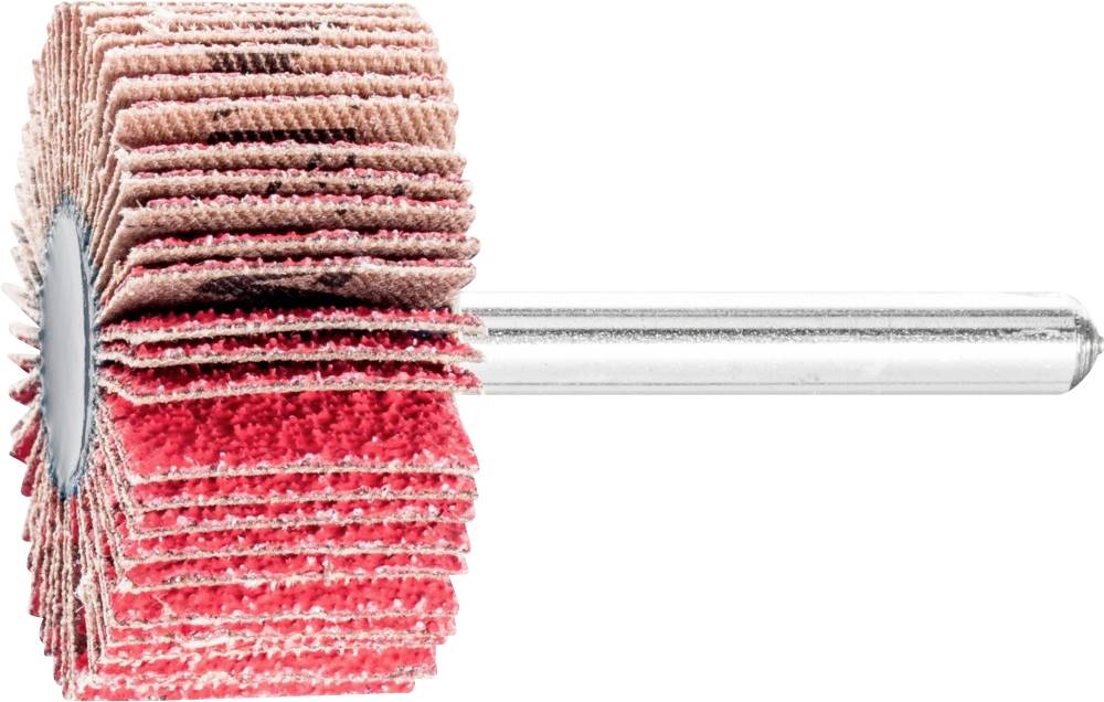 Slipverktyg med flera lager slippapper på en cylindrisk stång, huvudsakligen i röda och rosa nyanser.