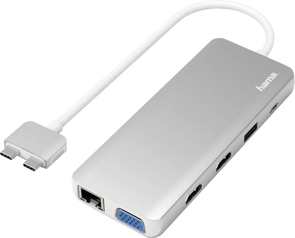 Silverfärgad USB-C-hubb från Hama med flera anslutningar: Ethernet, VGA, HDMI och USB, avsedd för att ansluta flera enheter till en bärbar dator.