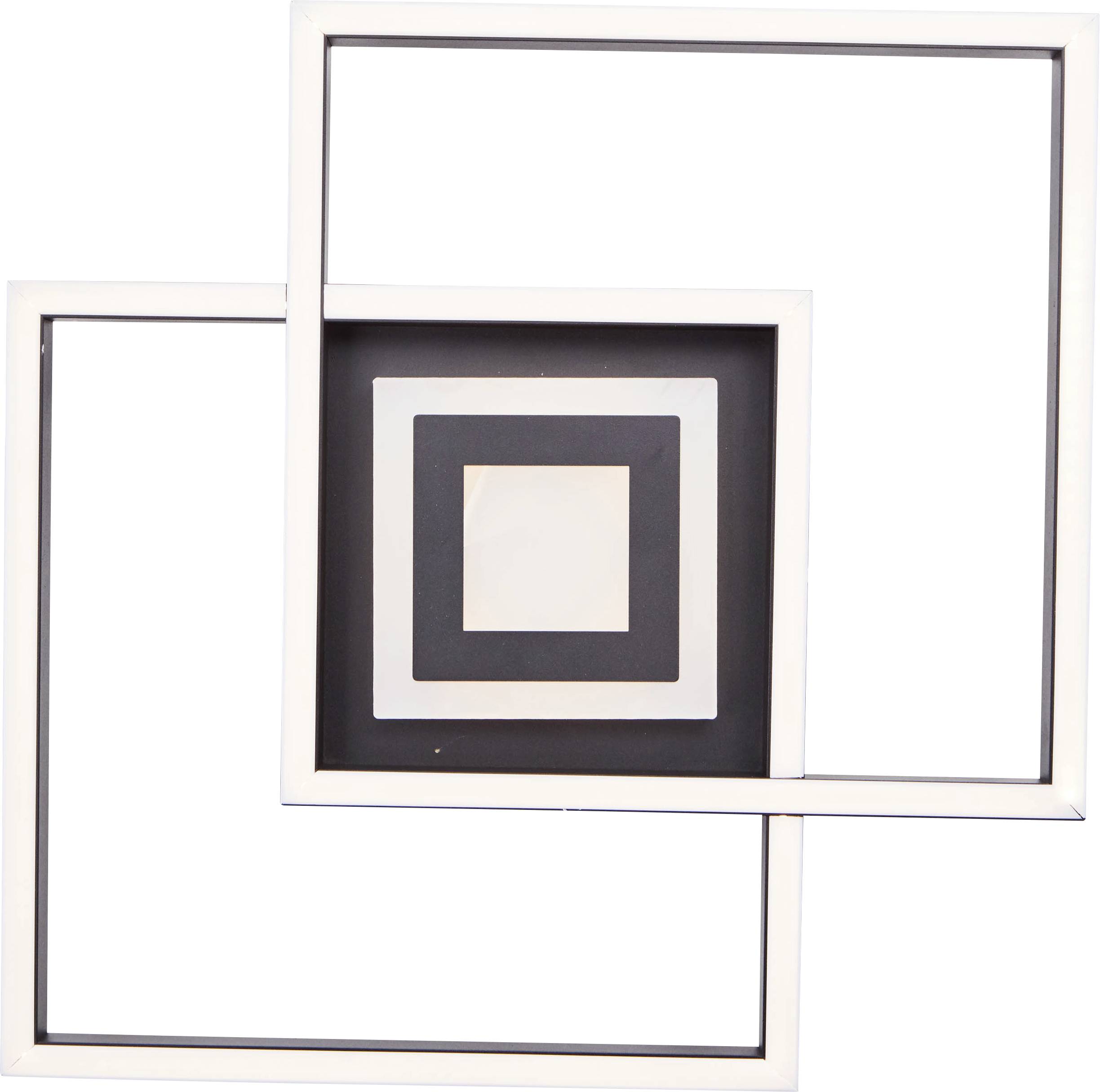Två överlappande kvadratiska ramar av metall, symmetriskt förskjutna, bildar ett minimalistiskt konstverk.