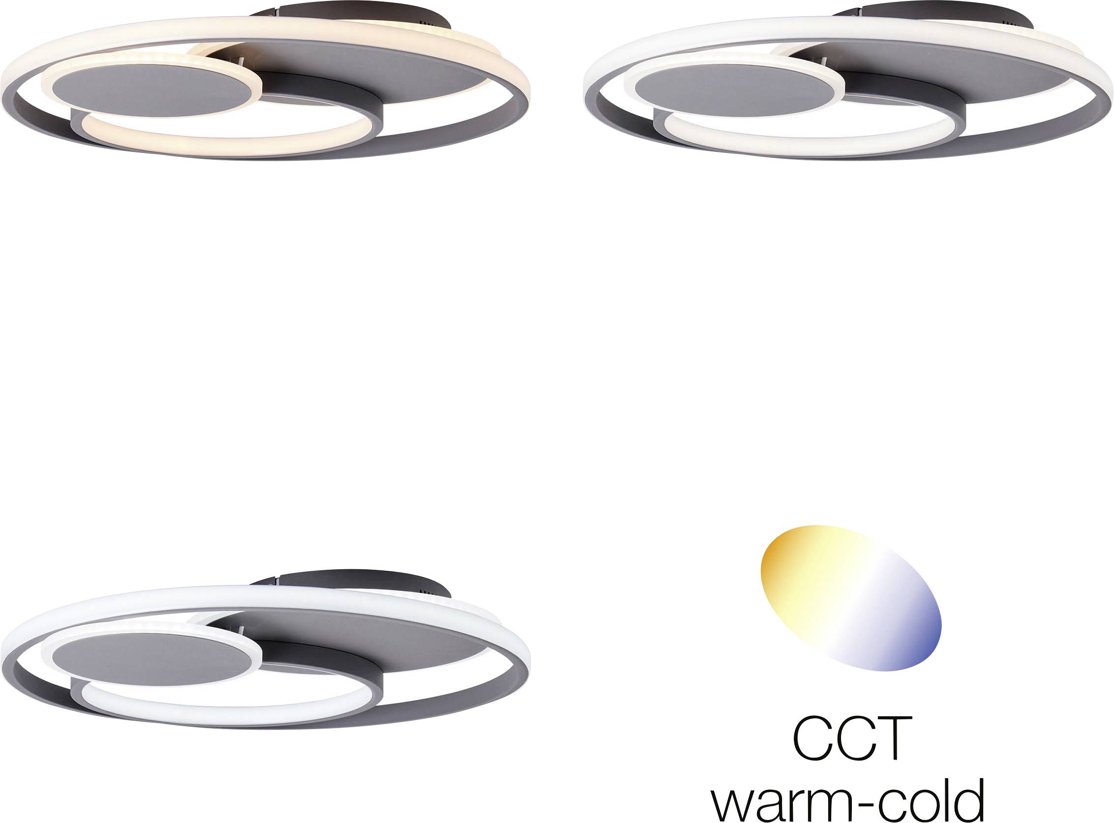Modern LED-taklampa med tre ringar som utstrålar ljus från varmt till kallt vitt. Etikett: 'CCT varmt-kallt'.