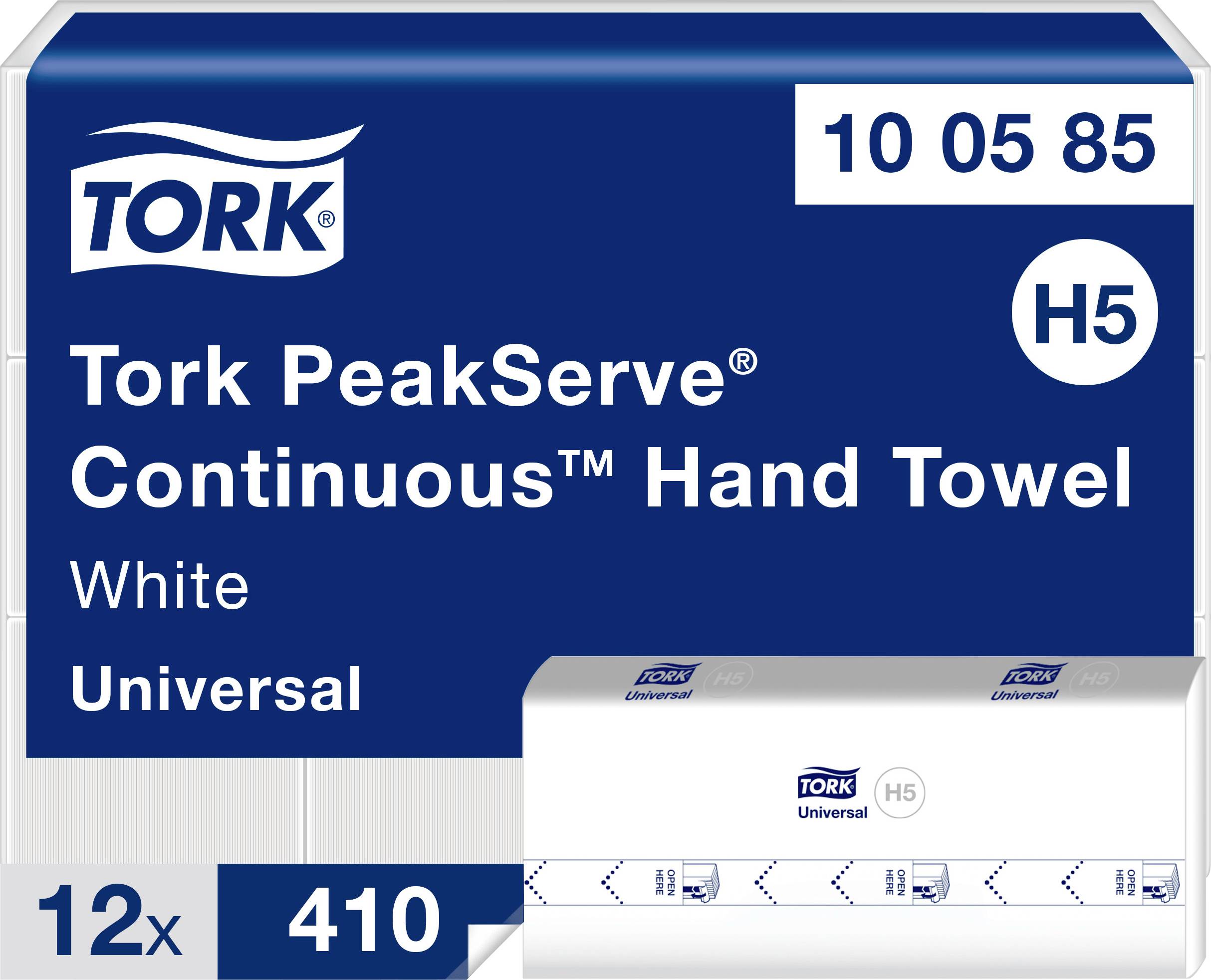 Tork PeakServe Continuous handukspapper i vitt, Universal H5, 12 förpackningar med 410 handdukar, produktkod 10 05 85.