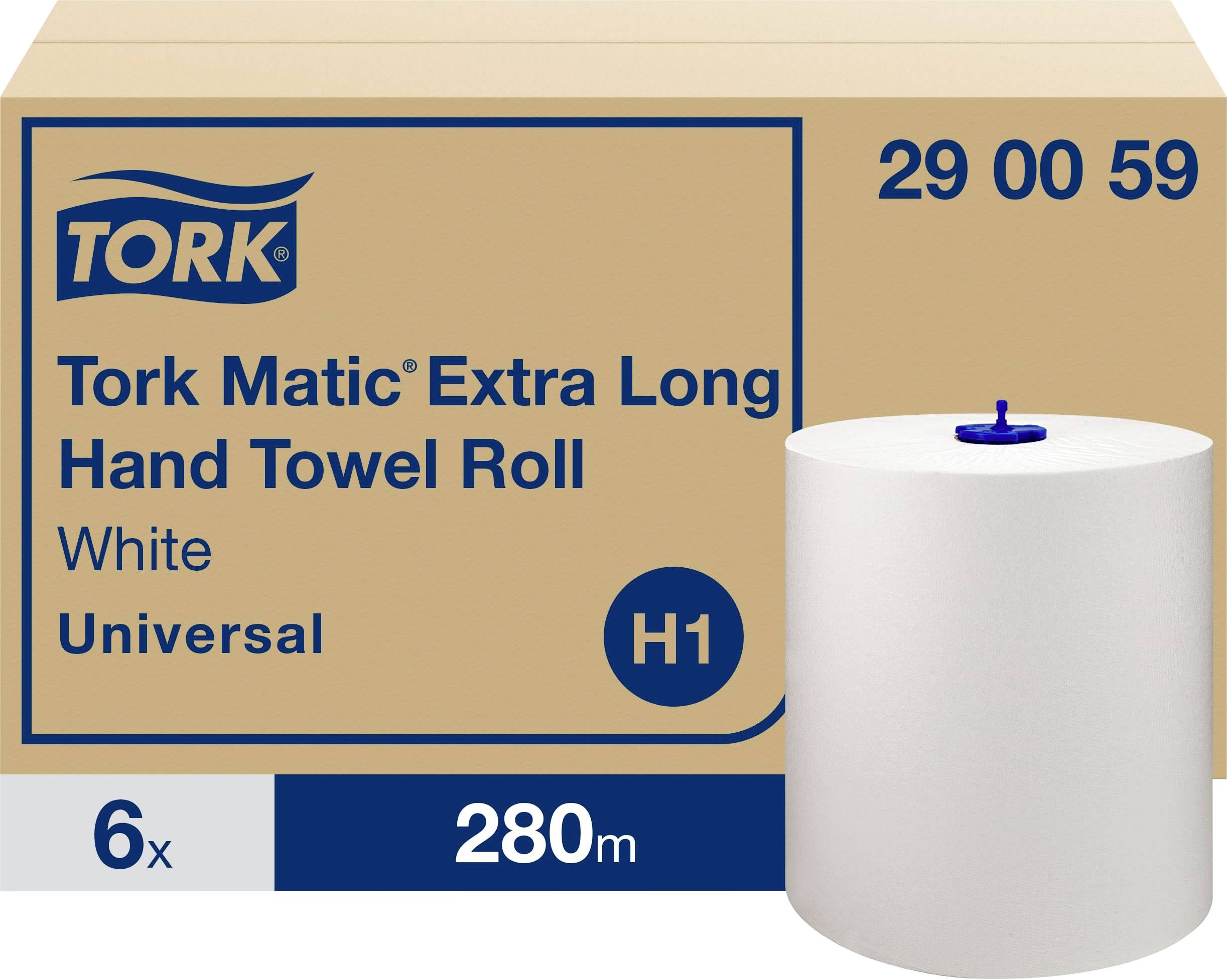 Tork Matic Extra Long Handdukar på rulle, vit universal H1-handdukar, 6 rullar x 280 m, med produktbild och artikelnummer 29 00 59.