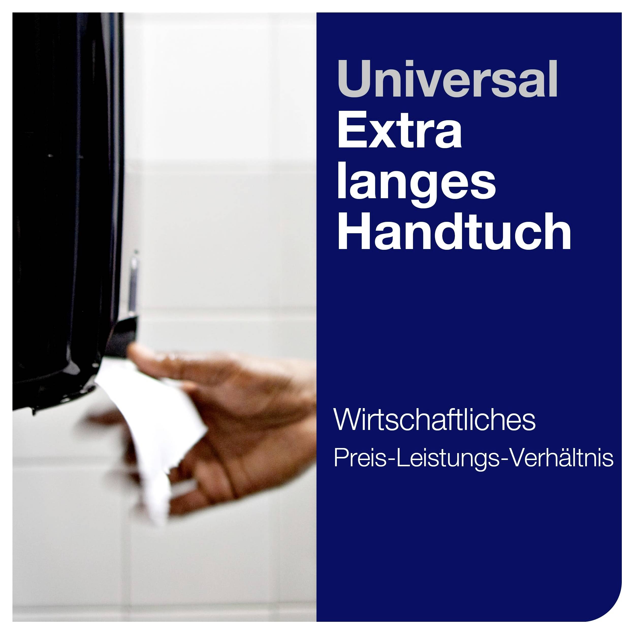 Förpackning för "Universal Extra långt pappershandtuch" med foto av en hand som drar ut ett vitt pappershandtuch från en dispensare; anmärkning: "Ekonomiskt pris-prestanda-förhållande".