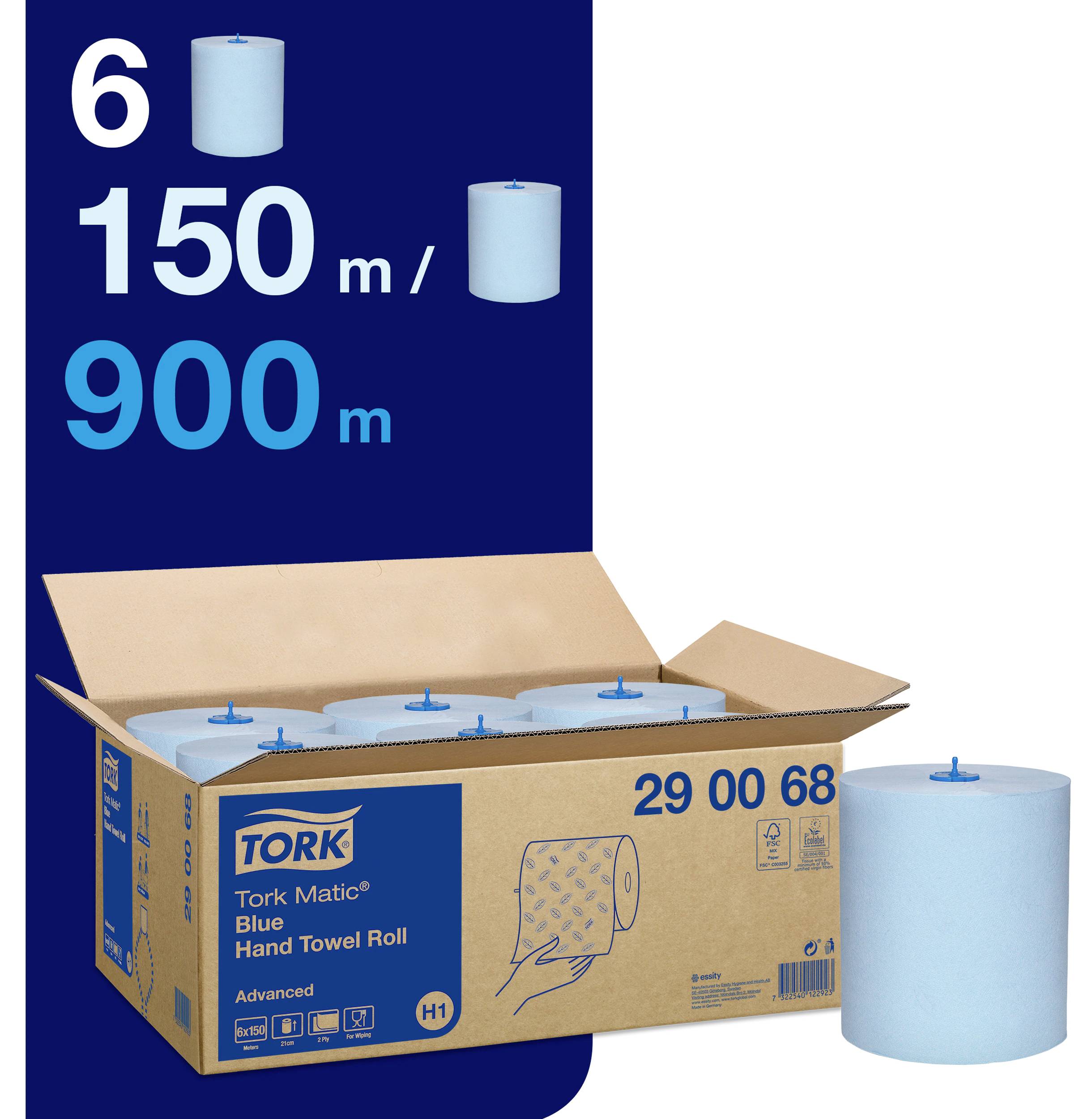 Sex blå pappershandduksrullar, vardera 150m, totalt 900m. Förpackningen visar märket 'Tork Matic' och produktnummer 29 00 68.