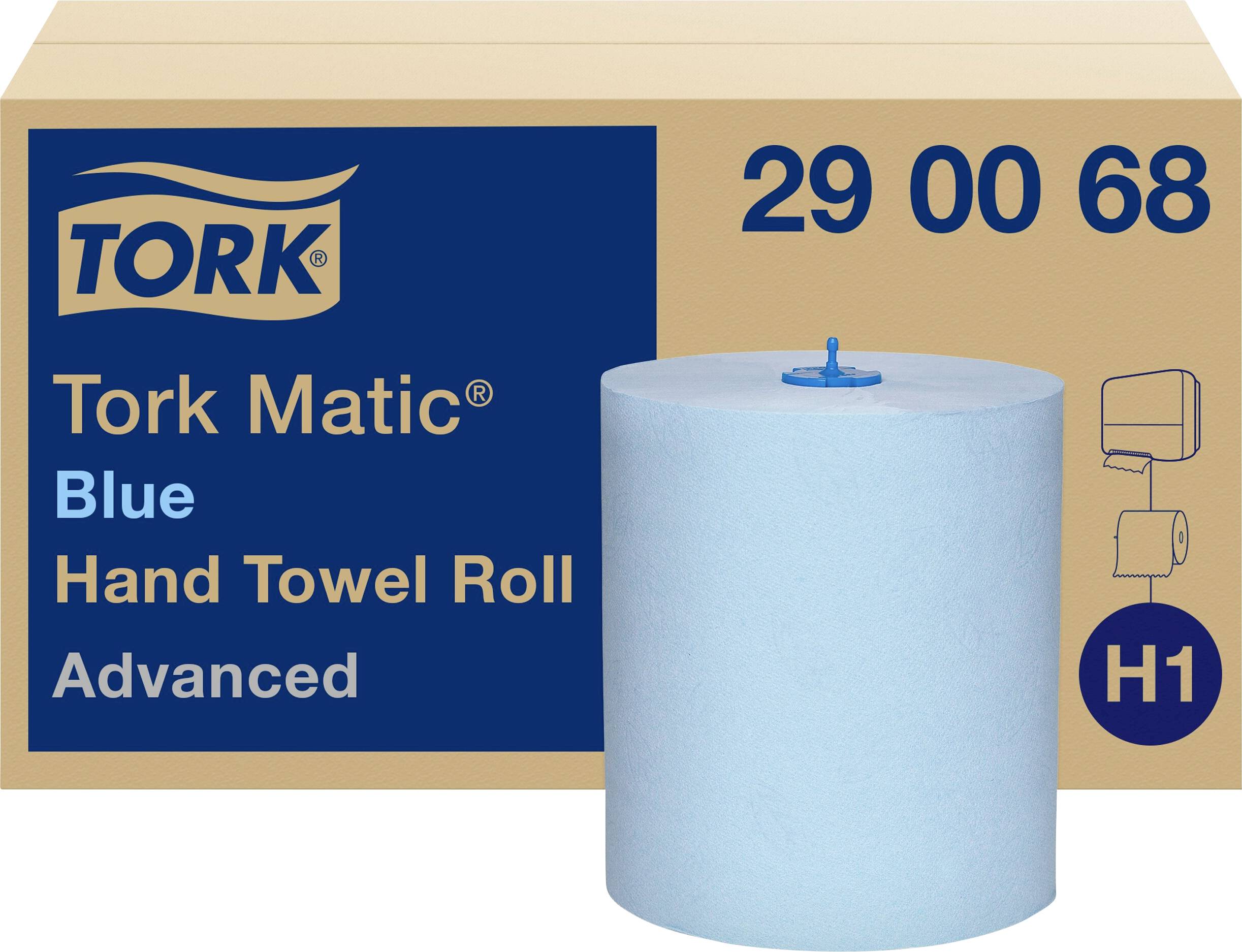 En blå rullar med pappershanddukar från Tork Matic, modell 'Advanced', med artikelnummer 290068, lämplig för H1-dispensersystem.