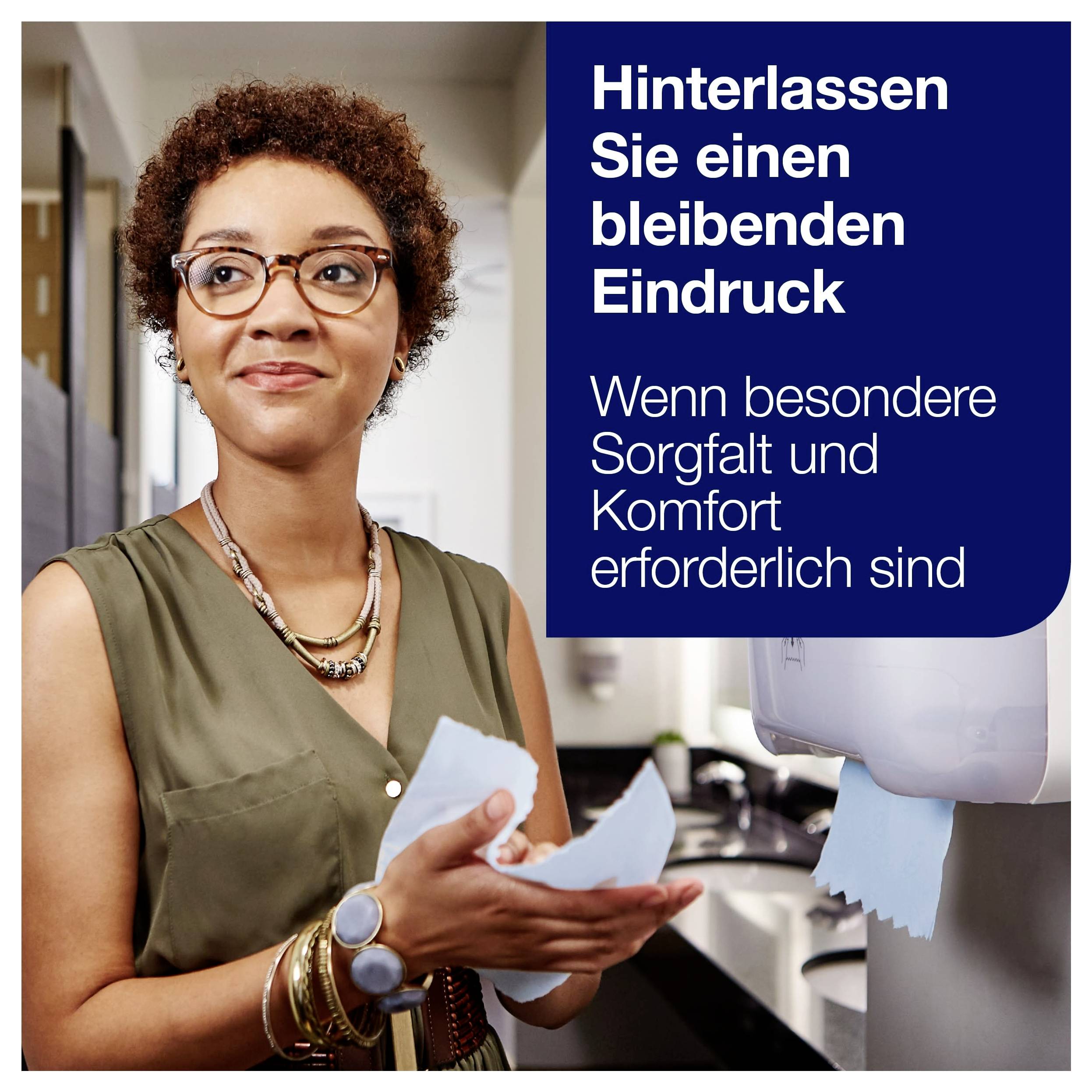 En kvinna torkar händerna på en handskdispenser; Text: 'Lämna ett varaktigt intryck' och 'När speciell omsorg och komfort krävs'.