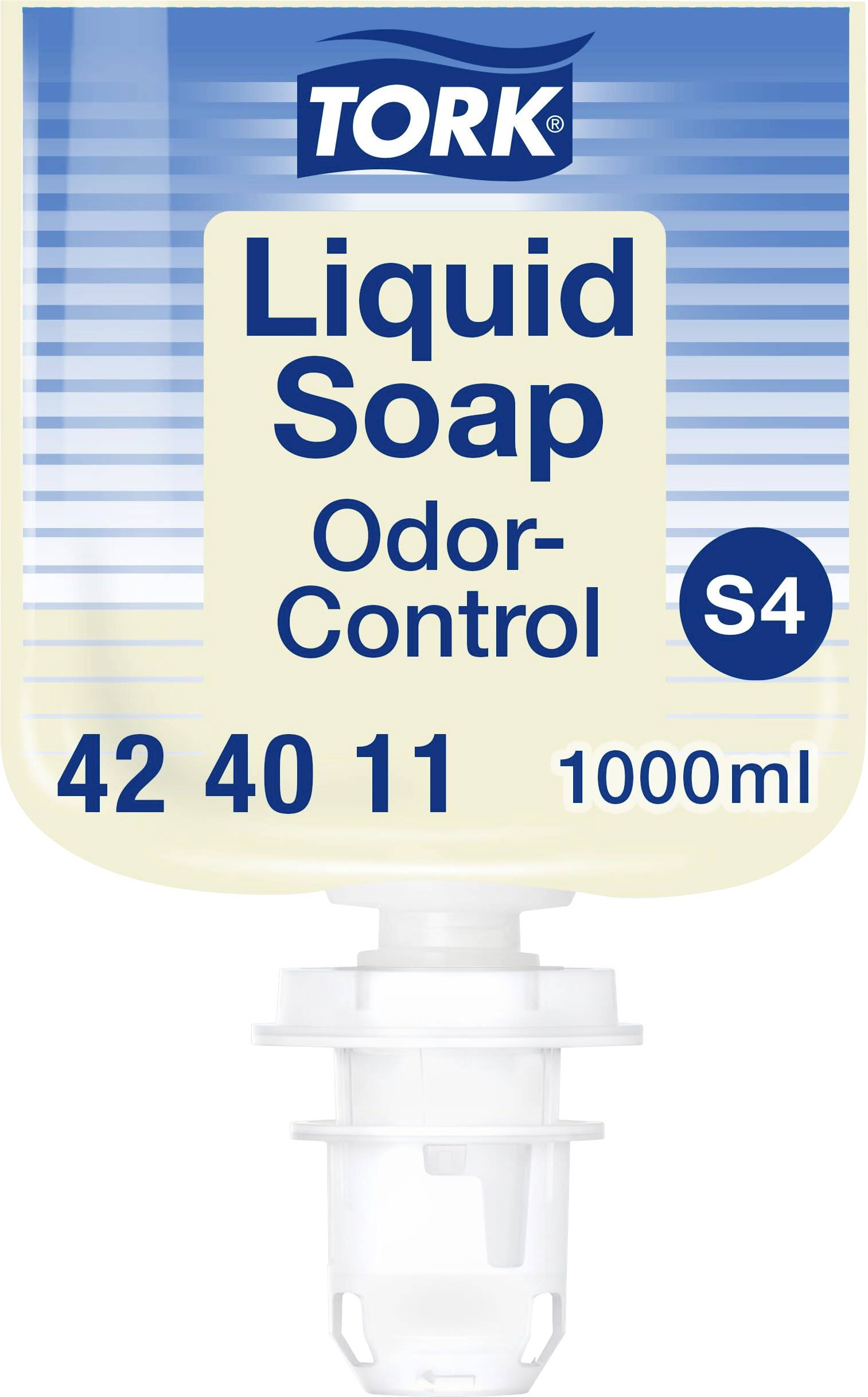 Flaska med Tork Flytande Tvål 'Odor-Control', 1000 ml, för dispenser S4, rundad vit öppning nedtill för fastsättning i dispensern.