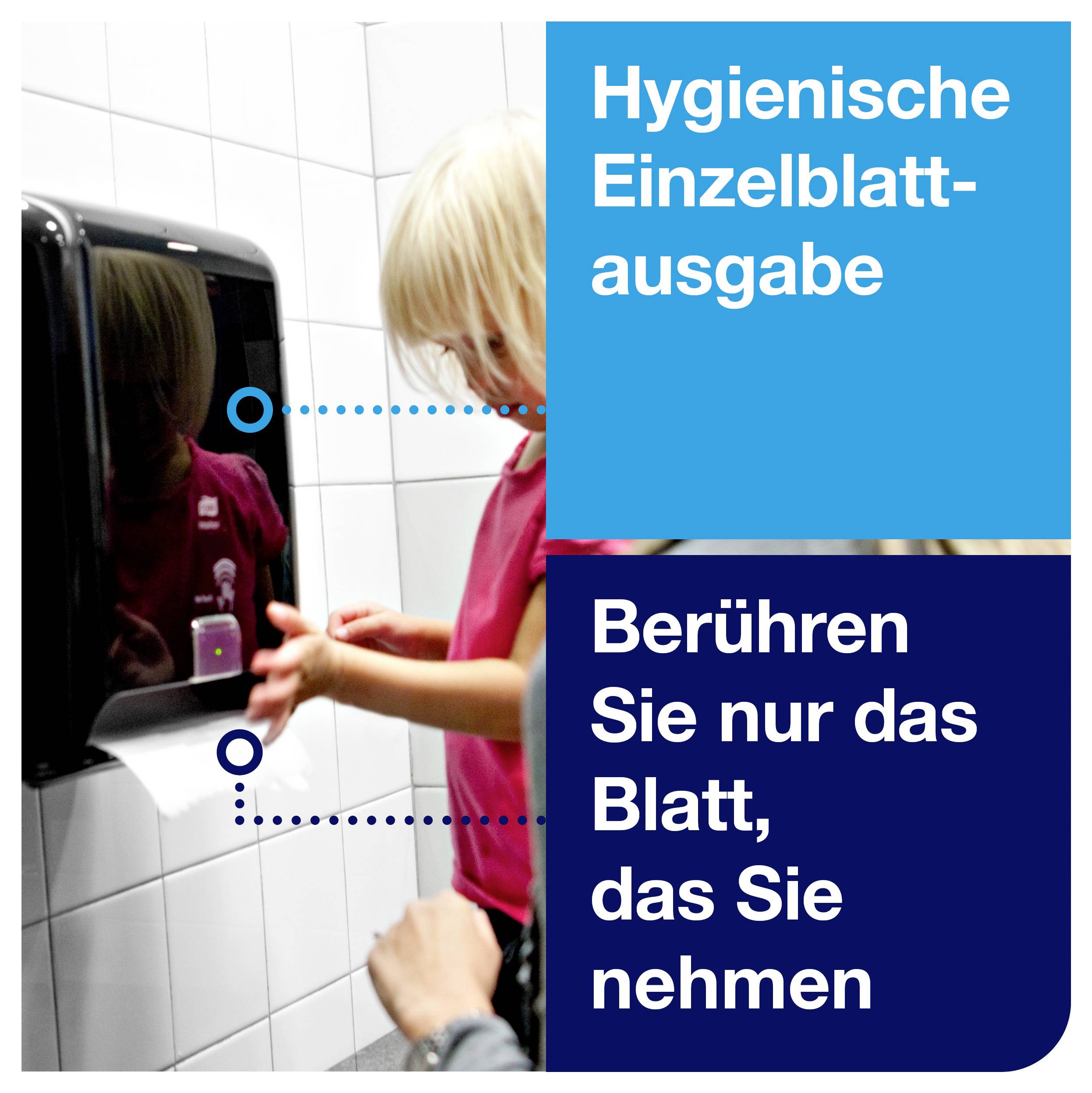 Barn tvättar händer vid dispensern; Instruktionstext: "Hygienisk utgåva av enskilda ark" och "Rör endast arket som du tar".