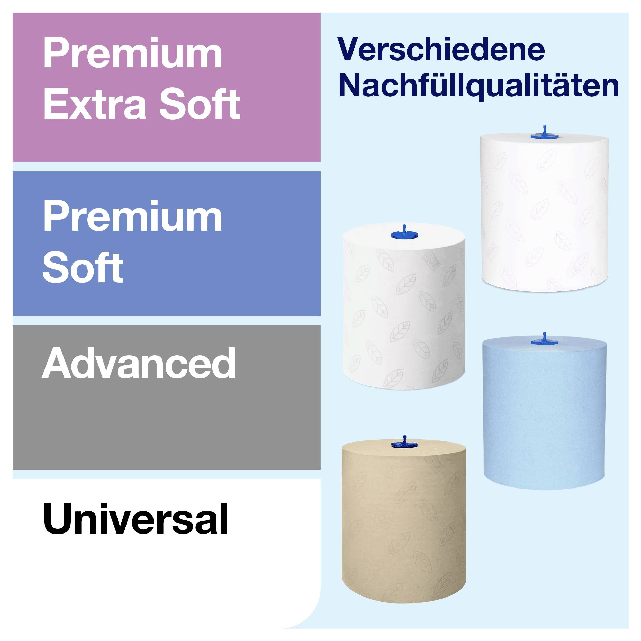 Jämförelse av fyra påfyllningstyper: Premium Extra Soft, Premium Soft, Advanced och Universal; till höger visas olika pappersrullar under rubriken "Olika påfyllningstyper".