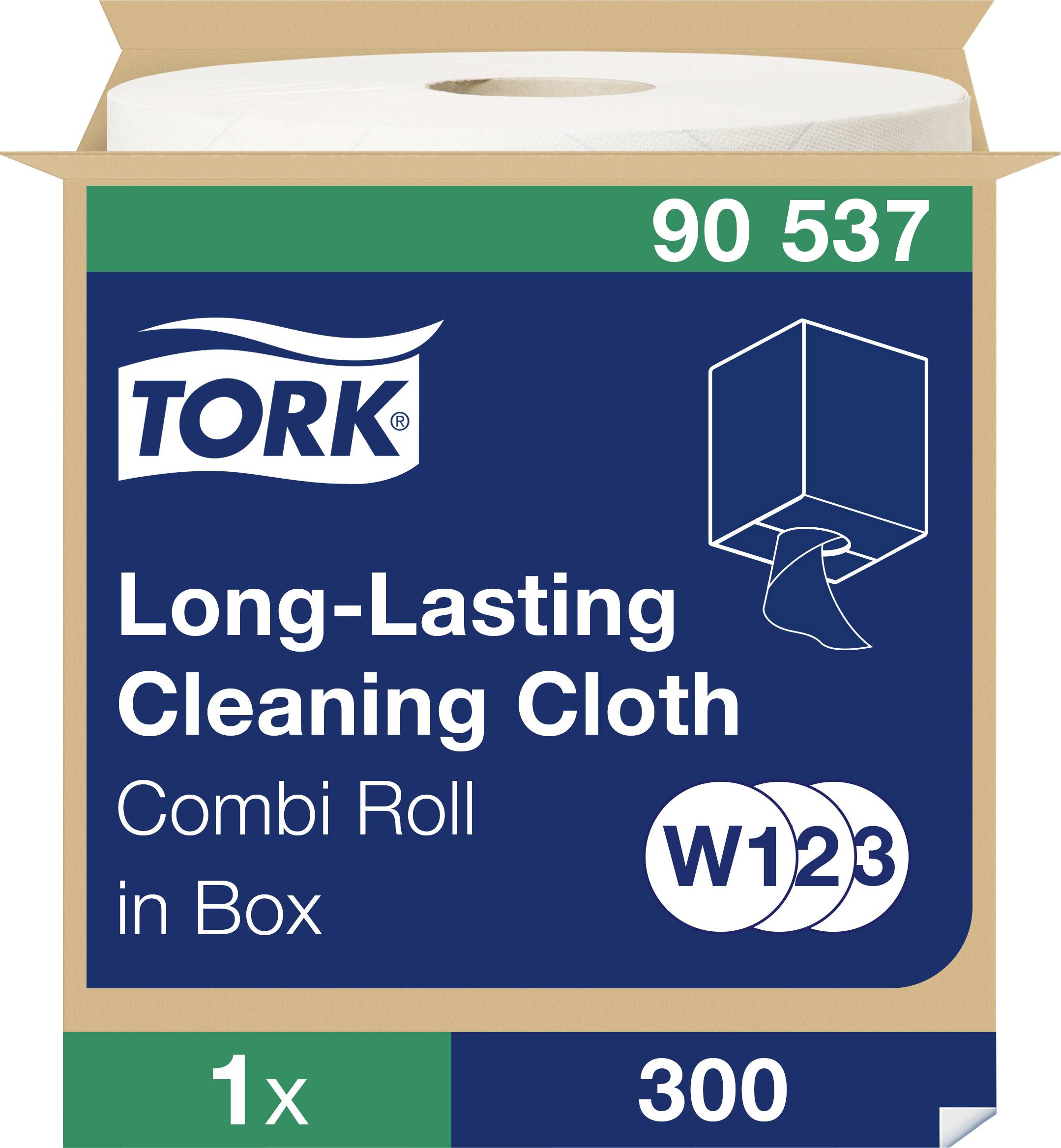 Kartong med Tork Long-Lasting rengöringsdukar Combi Roll. Innehåller 300 dukar. Designad för mångsidig rengöring.