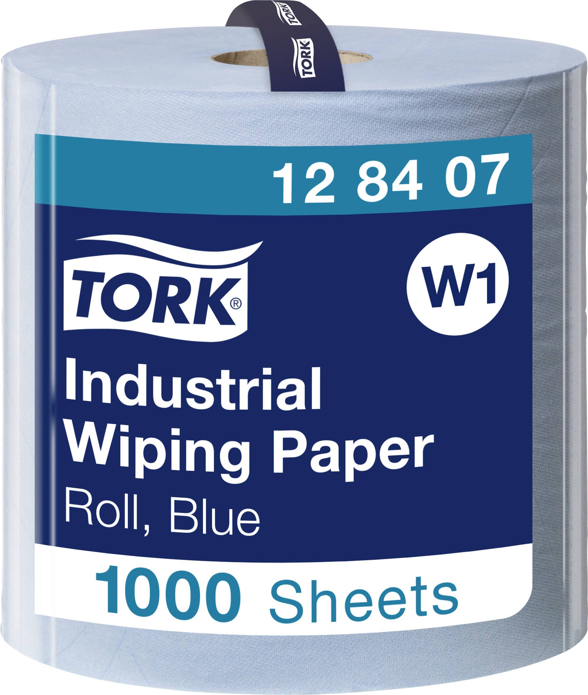 En rulle blått industripapper från Tork, modellnummer '12 84 07', med 1000 ark.