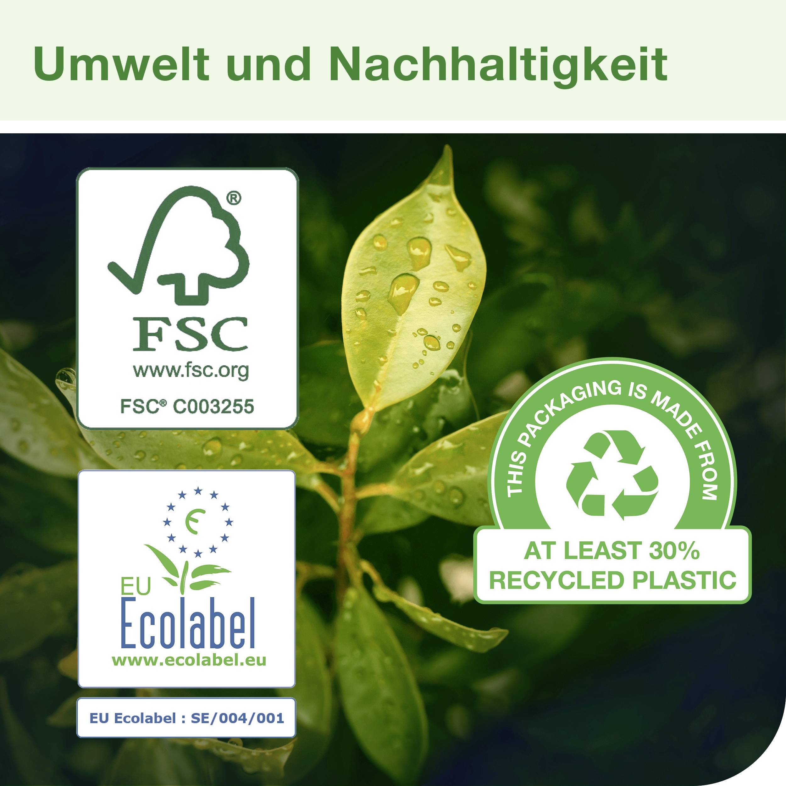 'Miljö och hållbarhet' med FSC- och EU-Ecolabel-logotyper på en växt. Förpackning innehåller minst 30 % återvunnen plast.