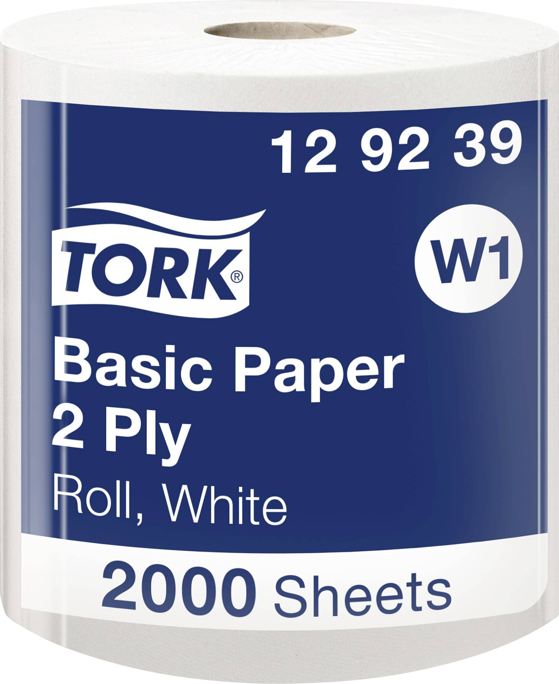 Toalettpappersrulle från Tork, 'Basic Paper 2-lagers', vit, 2000 ark, artikelnummer 12 92 39, modell W1.